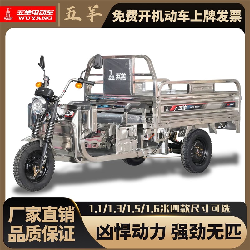广州五羊新款山区载重不锈钢电动三轮车水产海鲜拉货农用快递车