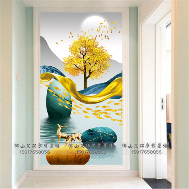 瓷砖背景墙岩板过道大理石玄关微晶石3d立体现代新中式发财树麋鹿