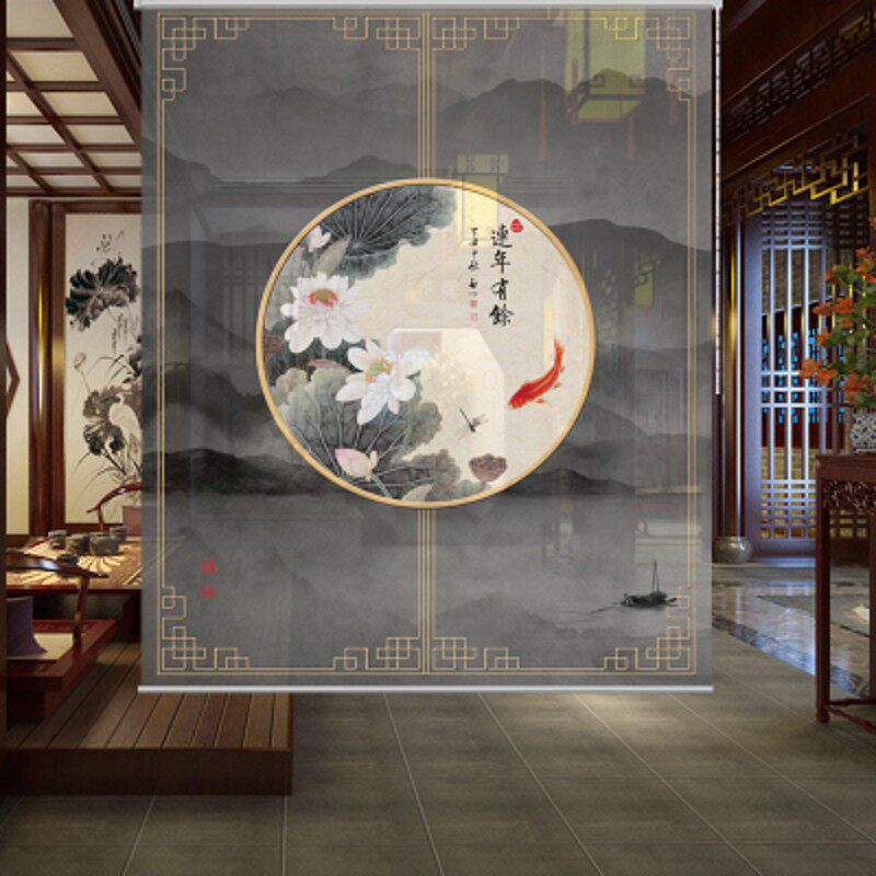 中式升降卷帘挂帘布帘窗帘办公室餐厅卧室客厅茶室玄关隔断帘门帘