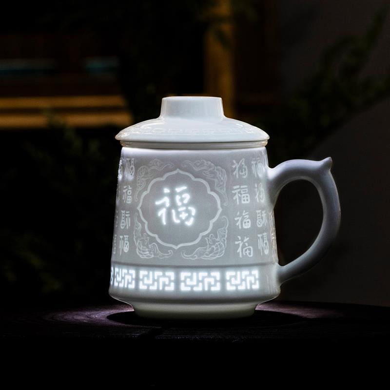 景德镇陶瓷茶杯影青釉玲珑杯过滤杯家用泡茶商务礼品杯水杯生肖杯