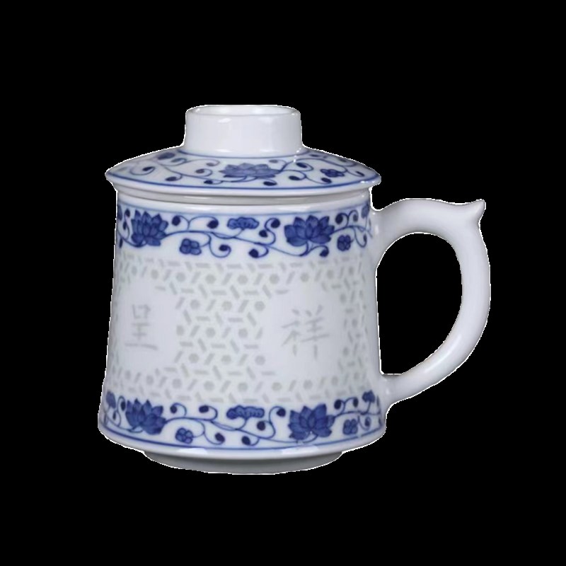 景德镇青花玲珑陶瓷泡茶杯茶水分离大容量办公杯家用带盖陶瓷水杯