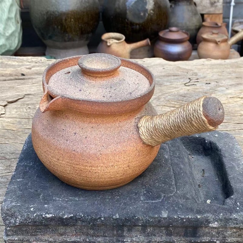 云南纯手工柴烧煮茶罐粗陶茶壶围炉煮茶烤茶奶茶陶罐侧把土陶烧水
