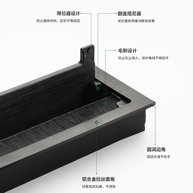 穿理线盒穿线孔装饰盖电脑办公桌盖板桌面台式方形带缓冲毛刷线孔