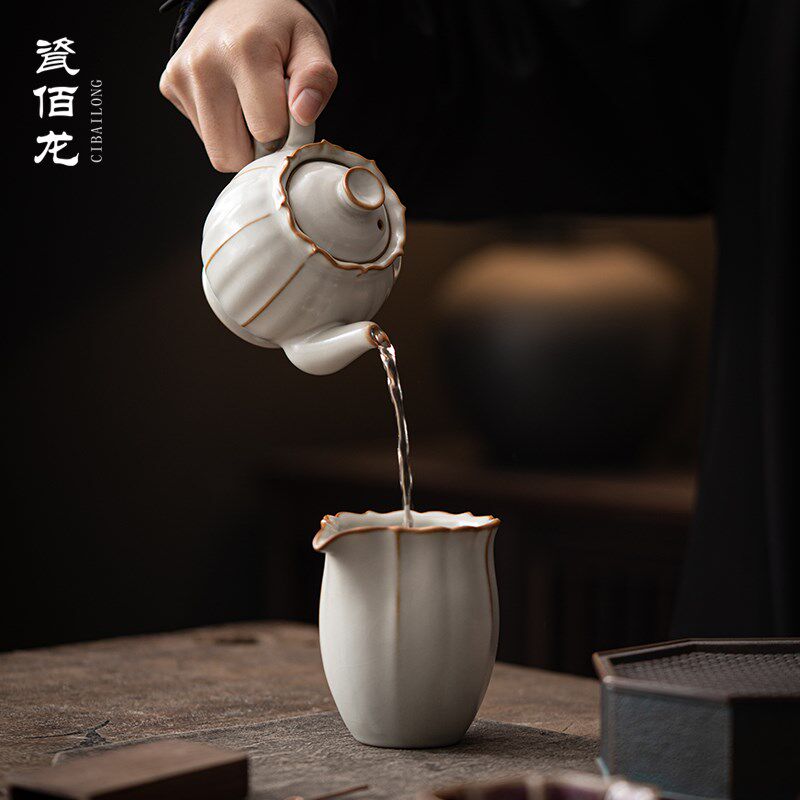柏韵汝窑功夫茶具套装家用客厅陶瓷茶壶茶杯盖碗泡茶器冰裂釉开片