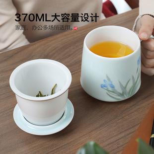 泥印陶瓷茶杯带把手过滤盖子茶漏茶水分离办公室用女士泡龙井杯子