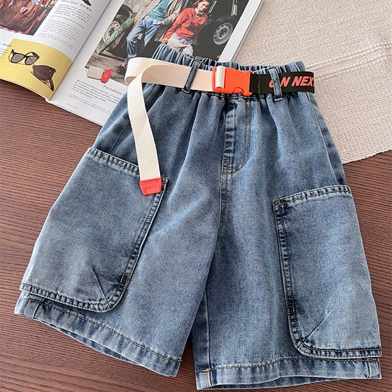 软牛仔短裤 腰带可拆卸~男童宽松休闲中裤中大童时尚大口袋五分裤