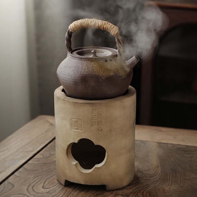 麻绳提梁柴烧手拉坯陶壶搭配白泥凉炉 潮州工夫茶炭炉围炉煮茶专
