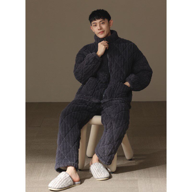 【超厚】珊瑚绒睡衣男款冬季三层夹棉加厚棉袄保暖家居服套装冬天