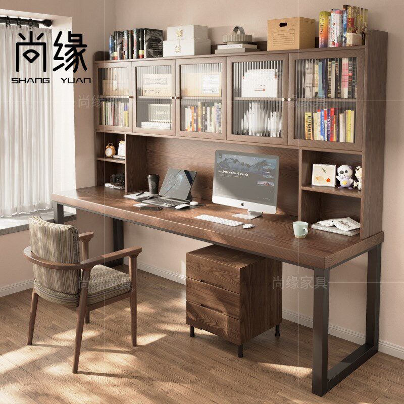 实木双人书桌书柜靠墙家用学习电脑桌书架一体书房长条桌子工作台