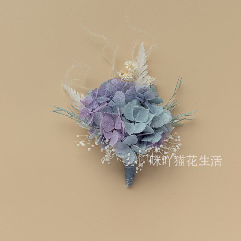 新郎胸花新娘手腕花结婚真花灰蓝紫色绣球伴郎襟花父母永生花胸针