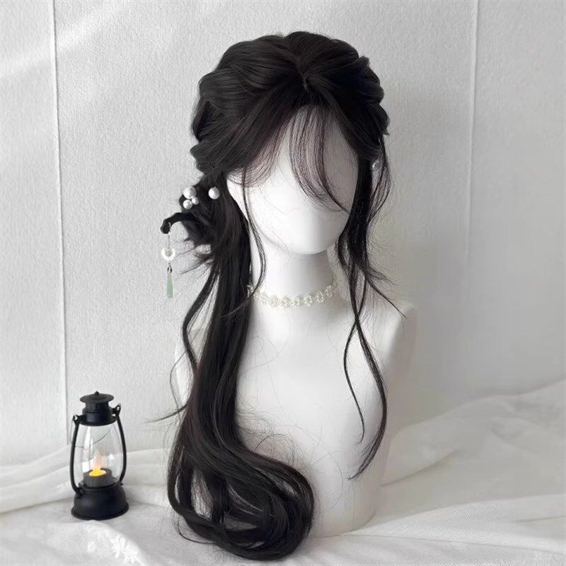 假发女清冷感古风长卷发新中式汉服侧扎马尾日常蓬松中分全头套式