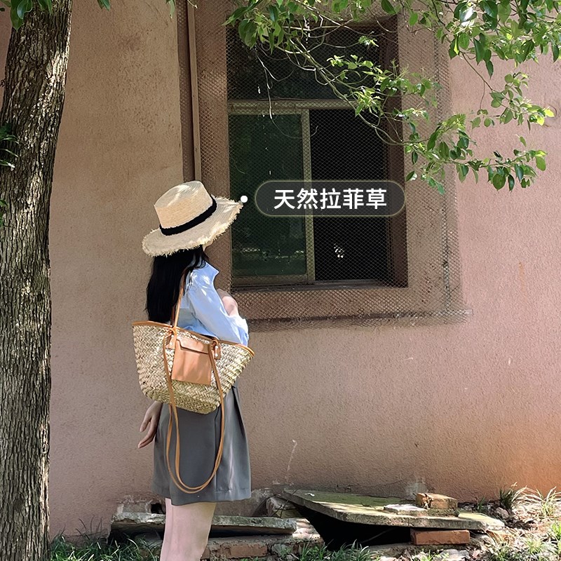 法式拉菲草编织平顶草帽夏季日系文艺毛边防晒遮阳海边沙滩太阳帽