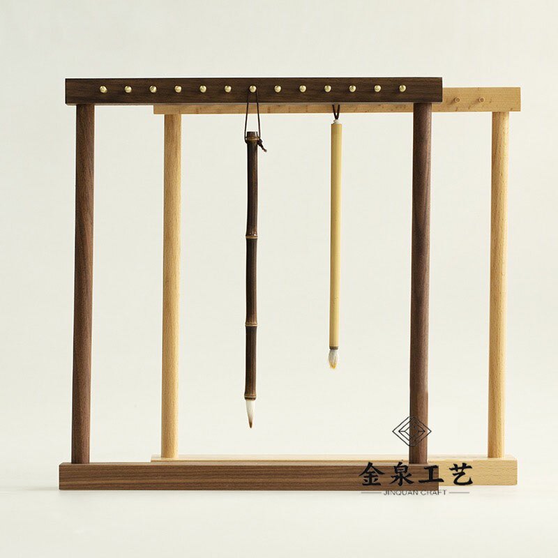 毛笔笔架黄铜胡桃木笔挂笔架展示收纳层架子毛笔收纳榉木实木架定