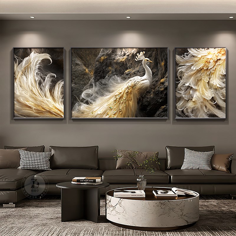 轻奢高级感客厅装饰画浮雕立体肌理感沙发背景墙挂画孔雀三联壁画