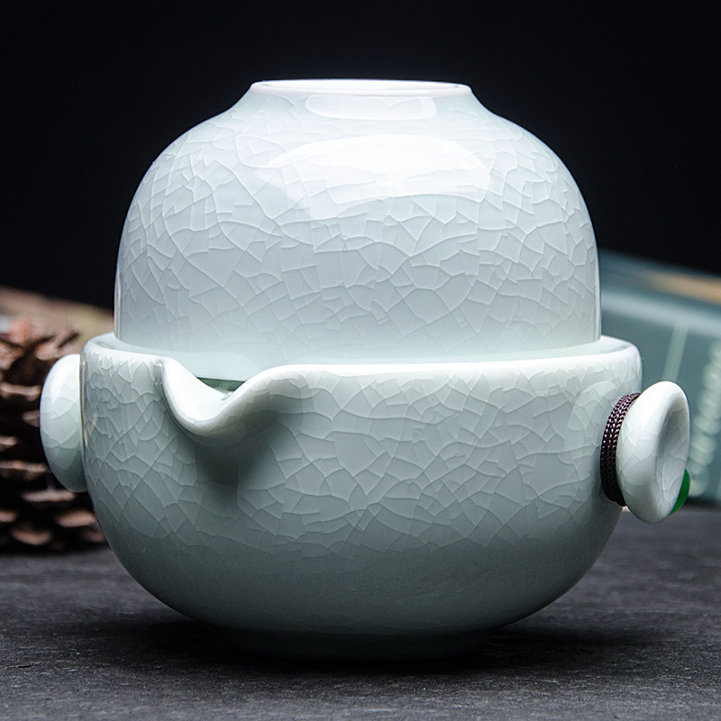 汝窑青玉快客杯一壶二杯旅行茶具套装单人便携泡茶杯个人专用茶壶