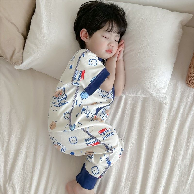 男童纯棉睡衣夏季短袖长裤连身衣宝宝无骨爬服女童连体护肚空调服