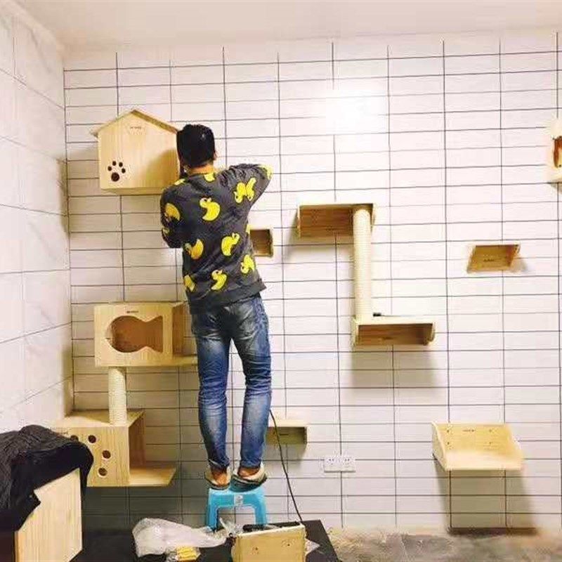 实木猫墙壁挂猫窝跳台软梯吊桥diy猫爬架墙壁式太空舱猫楼梯 靠墙