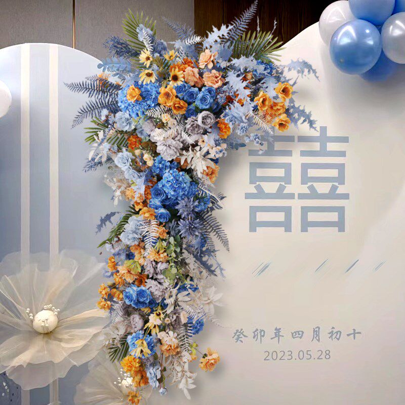 婚礼舞台花艺布置蓝色系活动迎宾区道具假花角花路引花壁挂花排