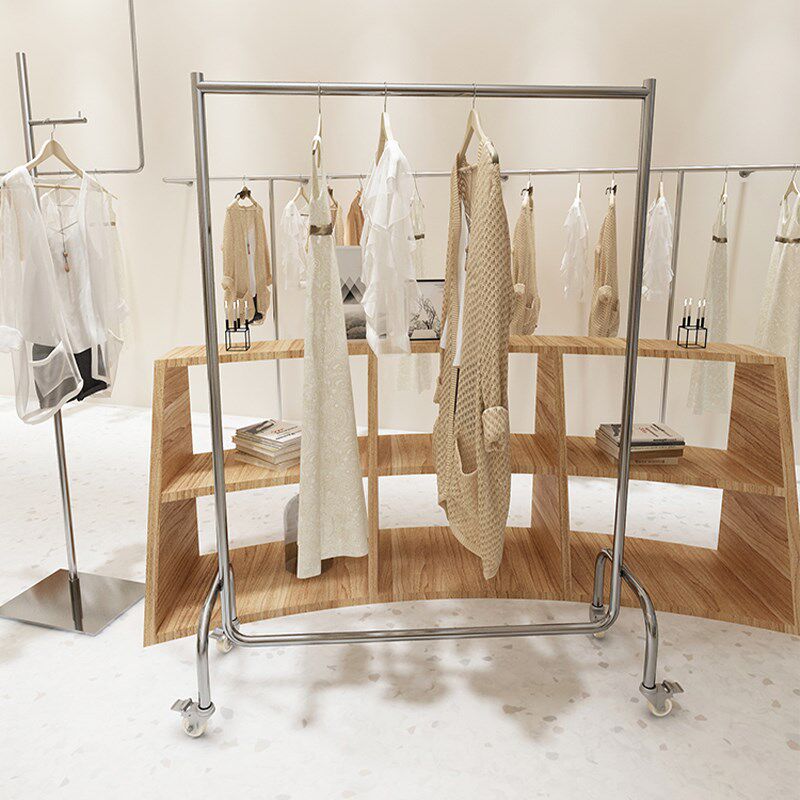 服装店挂衣杆落地不锈钢拉丝银色男女店展示架简约陈列货架带轮子