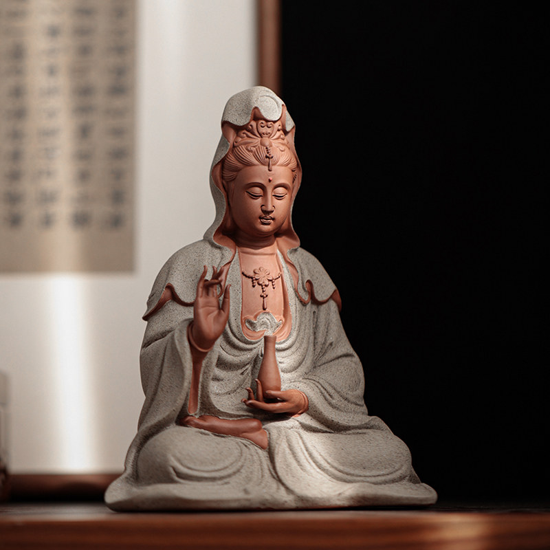 新中式禅意观世音菩萨佛像摆件家居装饰工艺品紫砂玉净瓶观音摆设