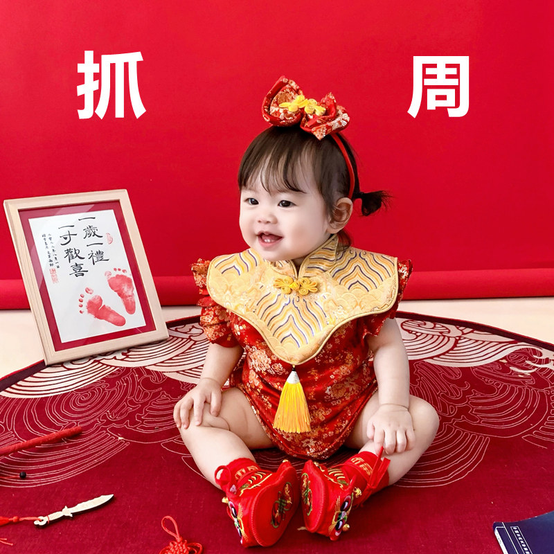 周岁礼服女宝宝春夏款红色中国风一岁抓周宴礼服婴儿包p中式唐装