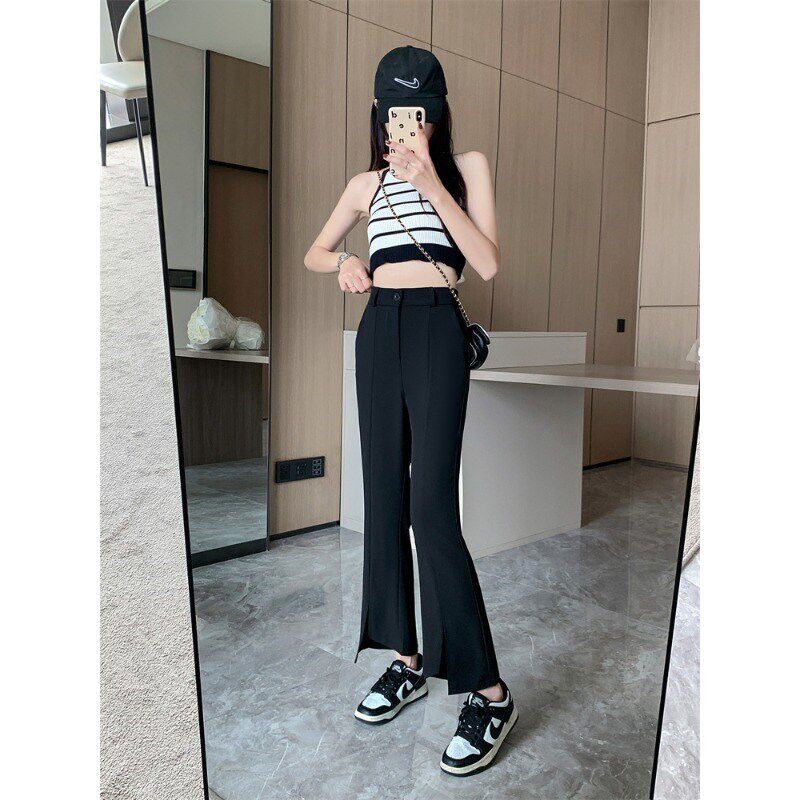 小矮个子145七分开叉西装裤女春季黑色高腰垂感八九分微喇裤xxs码