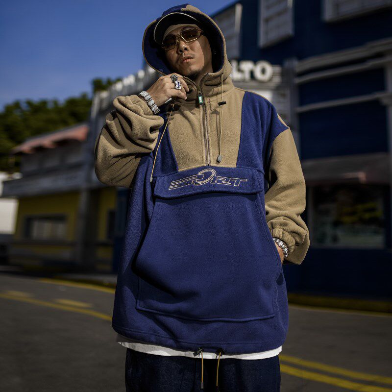 BLACUL拼接撞色摇粒绒半拉链卫衣男宽松美式街头嘻哈连帽外套秋冬