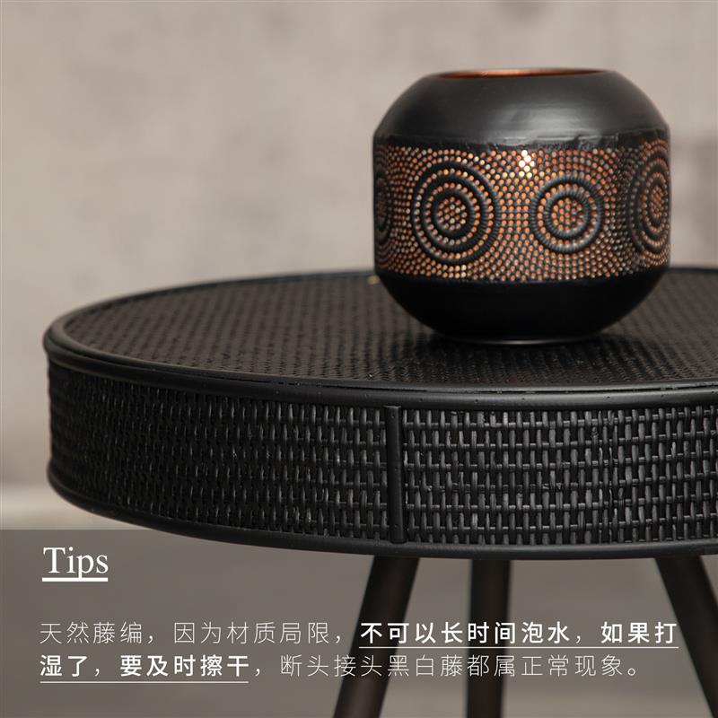 法式复古轻奢家具网红茶几黑色圆形艺术圆桌藤编铁艺沙发边几边桌