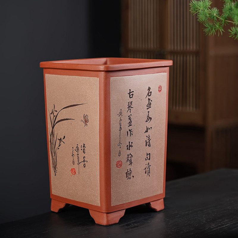 清香阁紫砂盆 高30cm四方签筒 手工桌面建兰蕙兰盆 地面绿植花盆