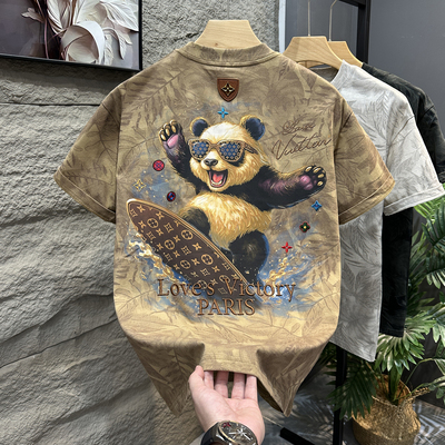 美式潮牌衣服熊猫刺绣枫叶满印短袖t恤男士夏季宽松休闲半袖上衣