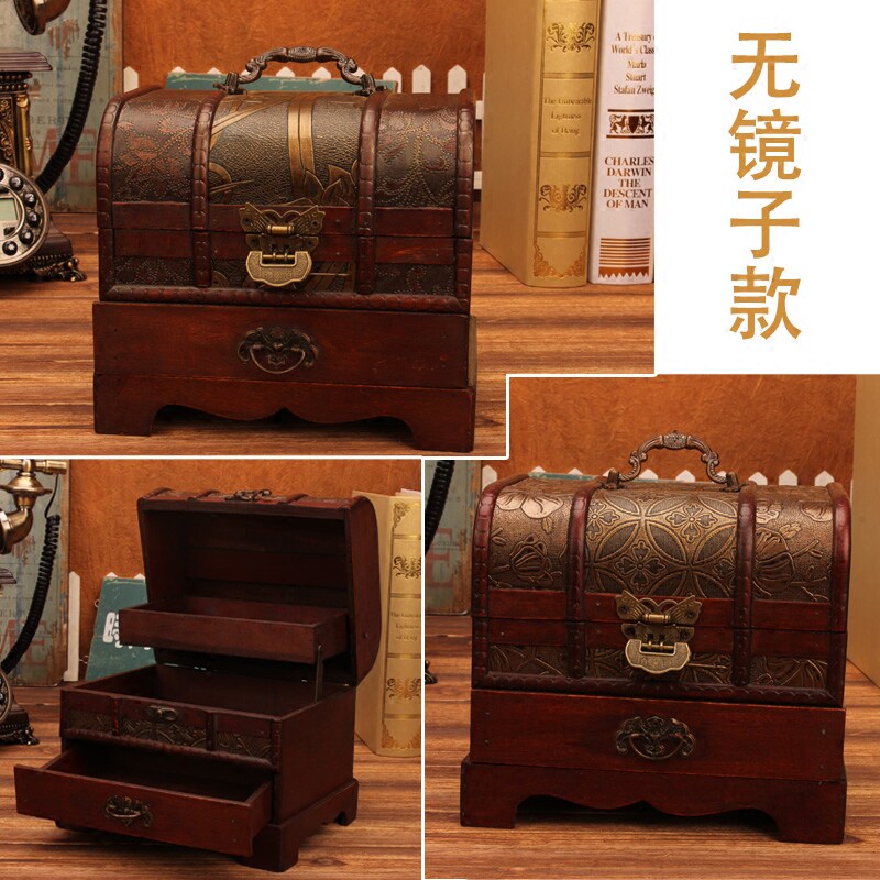 仿古木质梳妆盒带镜子带锁复古收纳盒流苏步摇首饰盒木盒结婚礼品