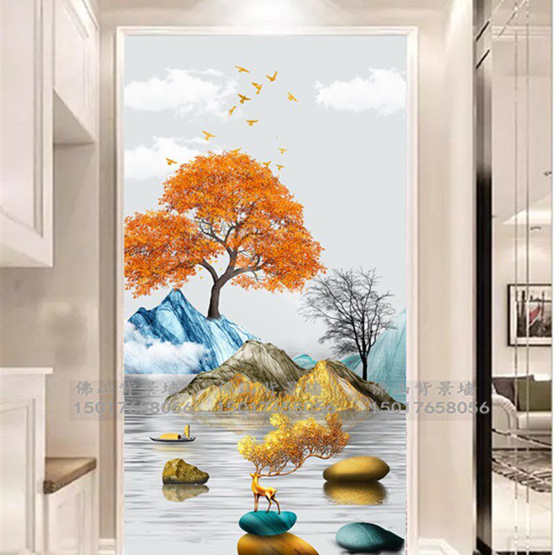 瓷砖背景墙岩板过道大理石玄关微晶石3d立体现代新中式发财树麋鹿