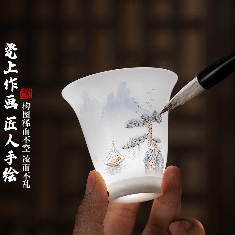 大师手绘冰种羊脂玉瓷茶具套装家用中国风办公室高档轻松盖碗礼盒