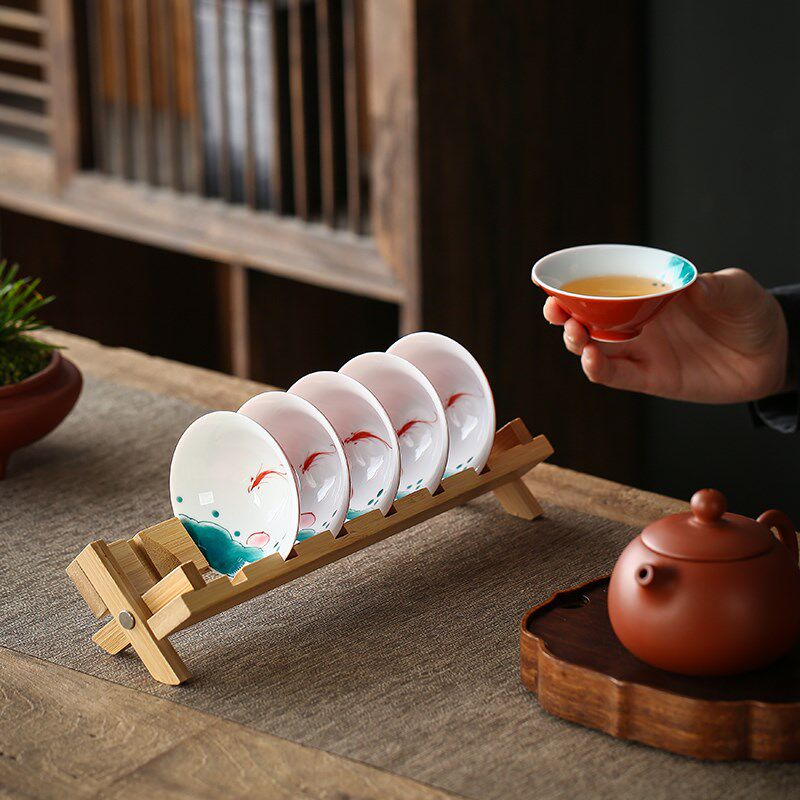手绘功夫茶杯陶瓷手工6个杯带沥水杯架品茗杯茶碗斗笠杯茶盏单杯