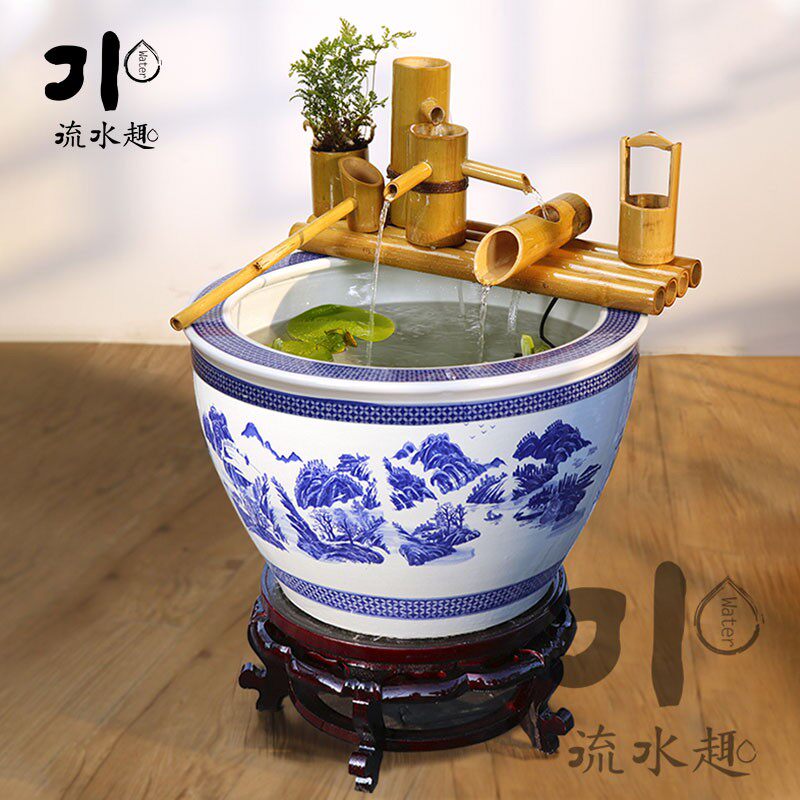 阳台庭院办公荷花陶瓷水缸流器鱼缸造景门海竹排竹子流水循环摆件