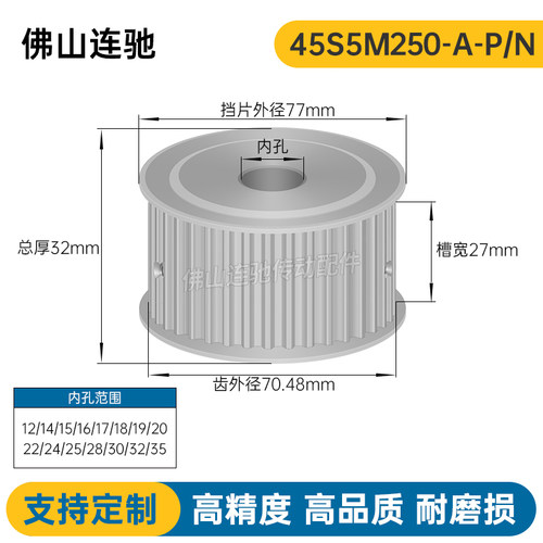 S5M45齿 两面平同步轮 槽宽27 AF型 同步皮带轮齿轮铝45S5M250-A