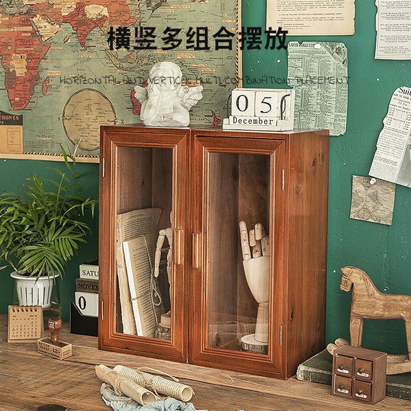 复古木质茶具收纳柜桌面化妆品玻璃展示柜杯子防尘整理茶杯收纳盒