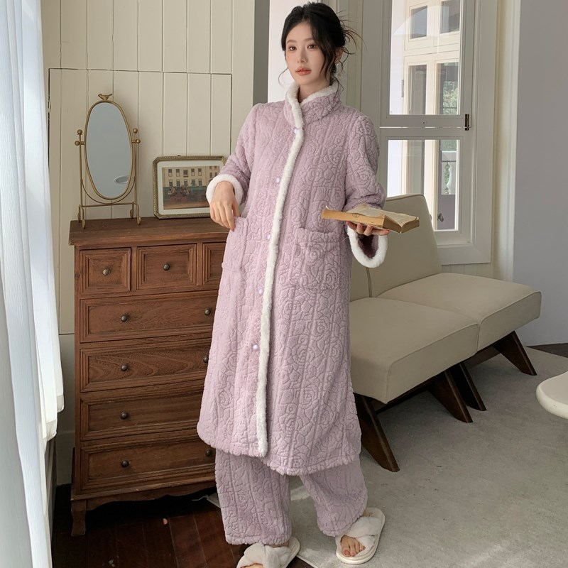 冬季2025新款女款睡衣女冬季裤子加厚长款睡袍套装可外穿家居服冬