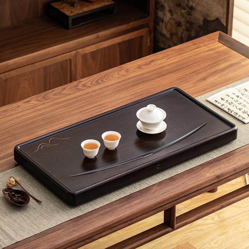 实木茶盘家用整块乌檀原木长方形中式茶台盘排水轻奢办公茶具托盘