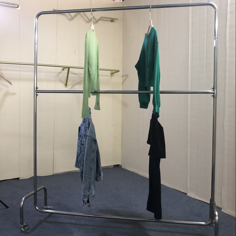 不锈钢拉丝服装店展示架落地式移动双层挂衣架女装童装店两层衣架