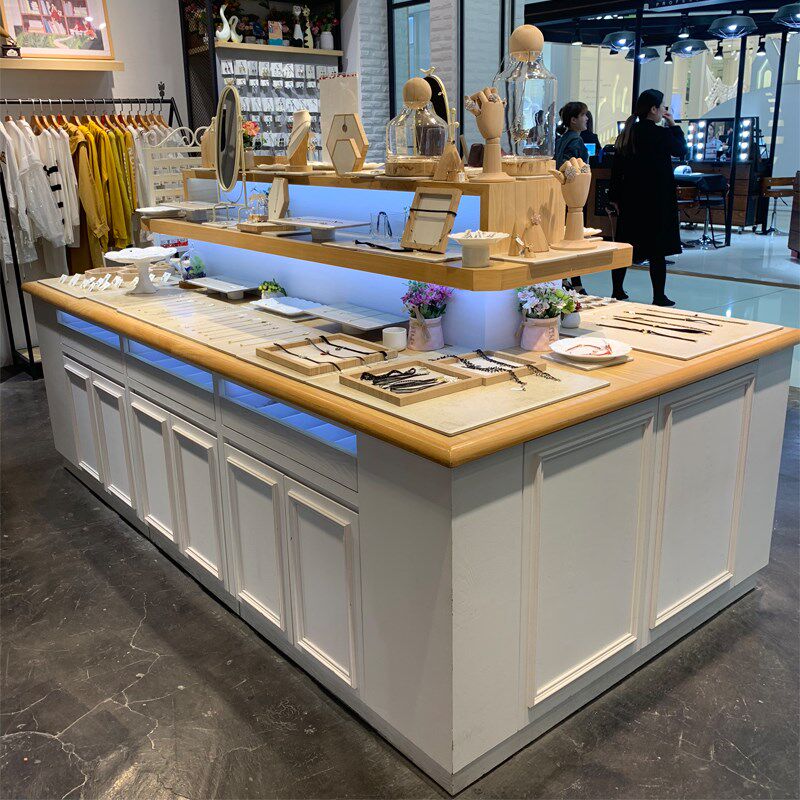 实木双面多功能中岛展柜女装首饰眼睛化妆品服装店流水台饰品展台