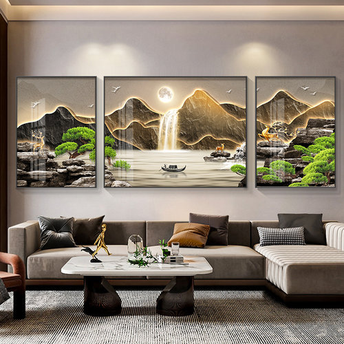 轻奢2023客厅装饰画沙发背景墙挂画三联画山水画大气高级感壁画