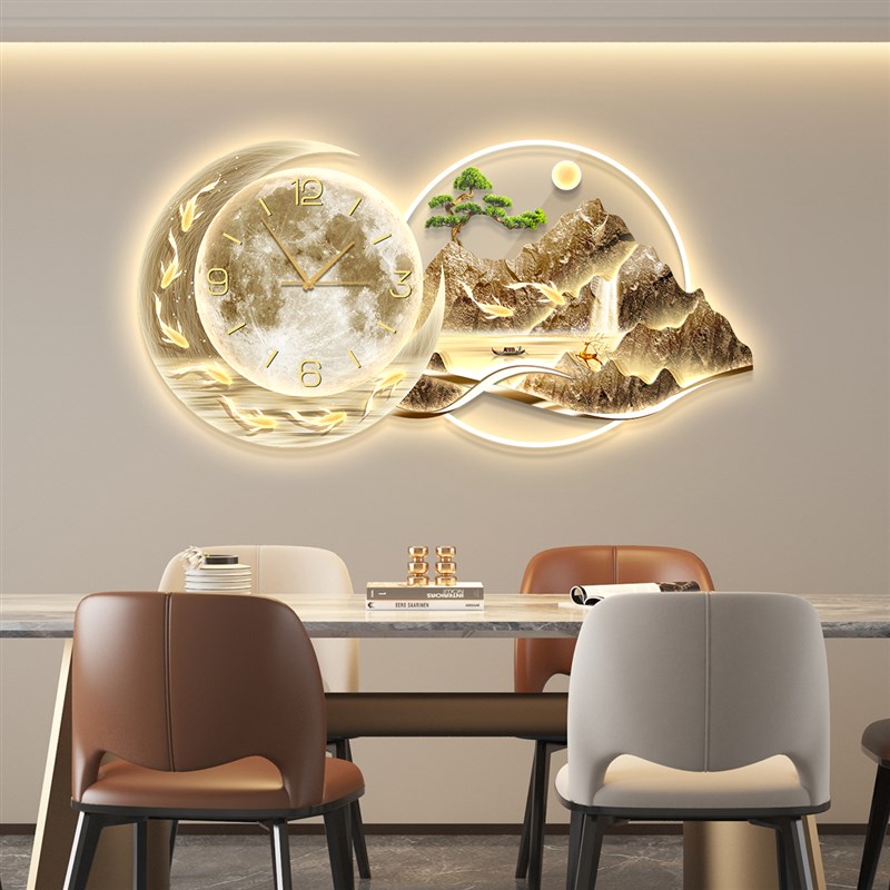 led带灯轻奢餐厅装饰画饭厅背景墙挂画简约现代高级感带钟表壁画