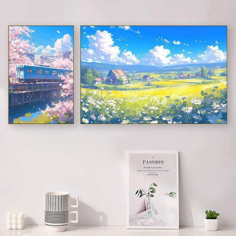 沙滩海岸装饰画餐厅农村村庄草原风景挂画卧室蓝天白云大芬村壁画