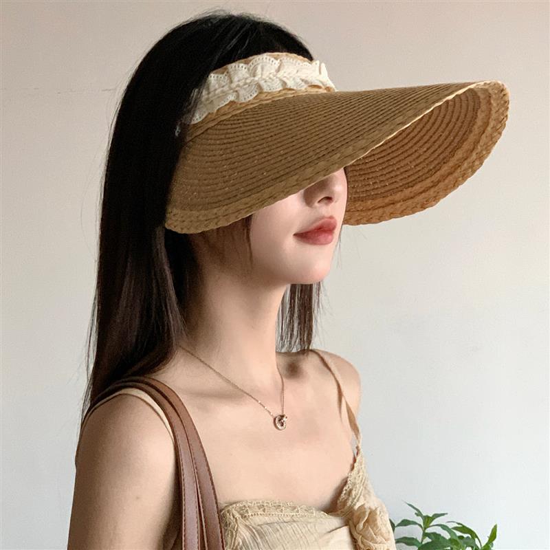 草帽女夏海边大帽檐蕾丝空顶帽可折叠草编防晒遮阳沙滩拍照太阳帽