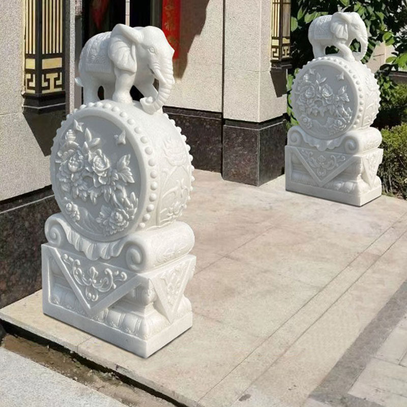 石雕门墩抱鼓石一对天然汉白玉大象麒麟貔貅庭院门口石头镇宅摆件