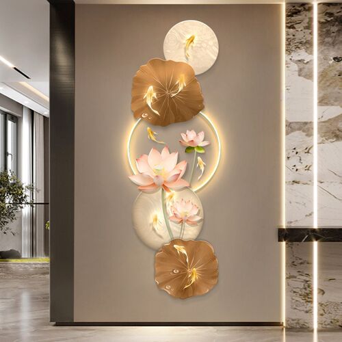 荷花九鱼图玄关装饰画现代轻奢LED灯光画走廊过道发光艺术壁灯画