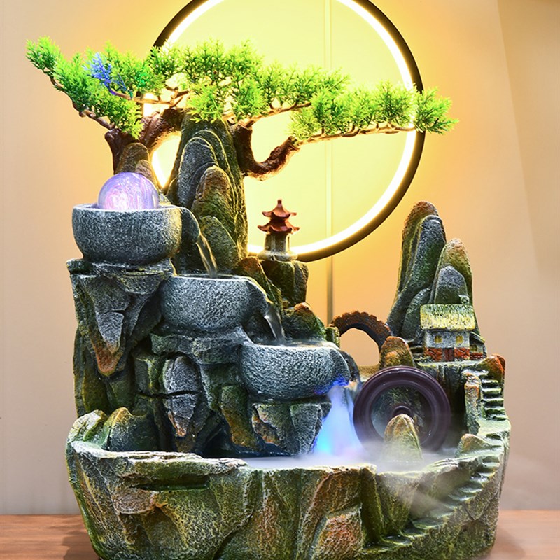 桌面假山流水摆件循环水中式高山水车风水轮客厅转动水晶球装饰品