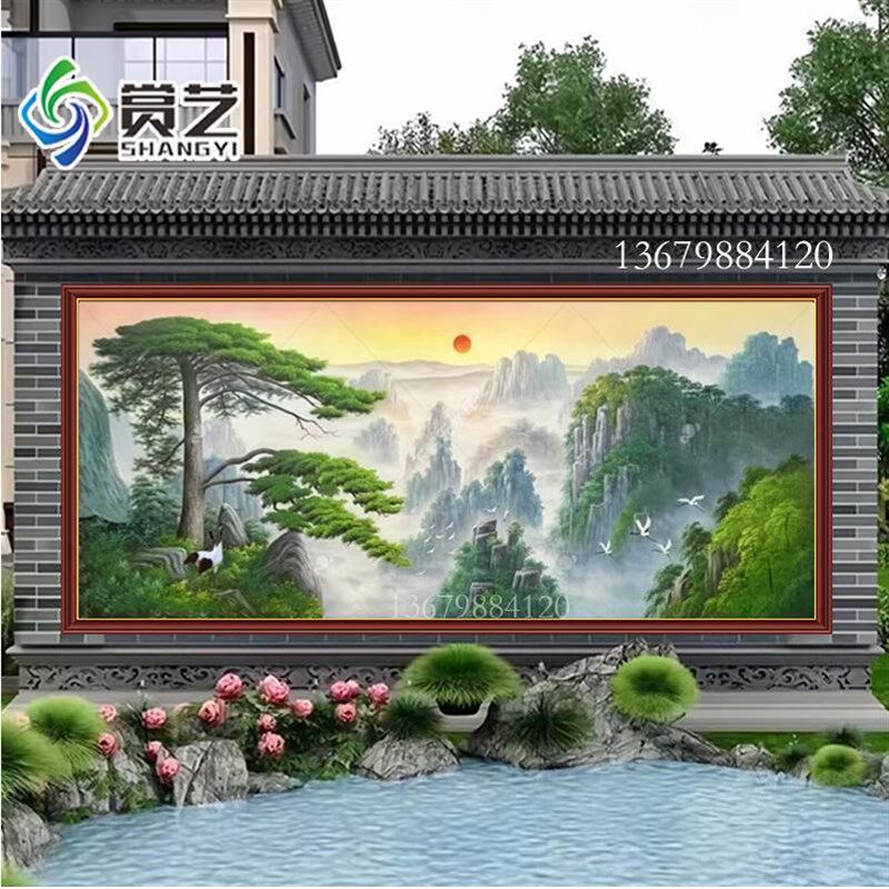 3D室外瓷砖背景墙迎客松山水风景画农村外墙影壁画庭院照壁瓷砖画