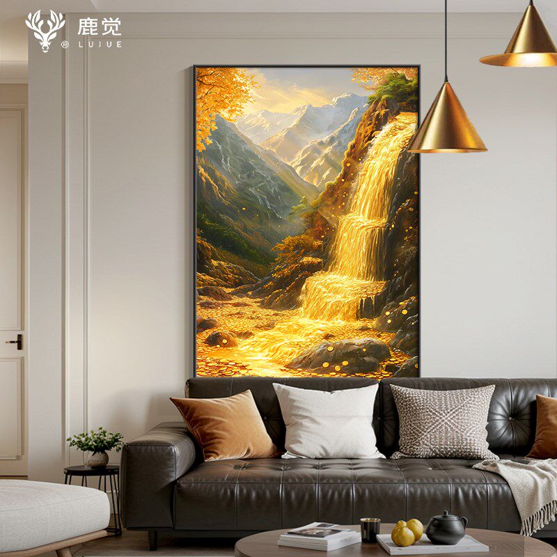 山水流水生财风景画客厅装饰画轻奢高级感入户玄关竖版挂画晶瓷画